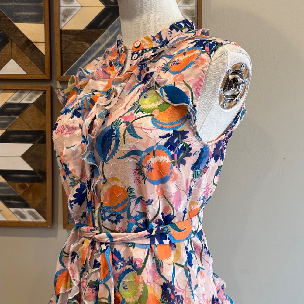 SALONI Floral Ruffle Button Down Tie Mini Dress size 0 - Picture 4 of 11